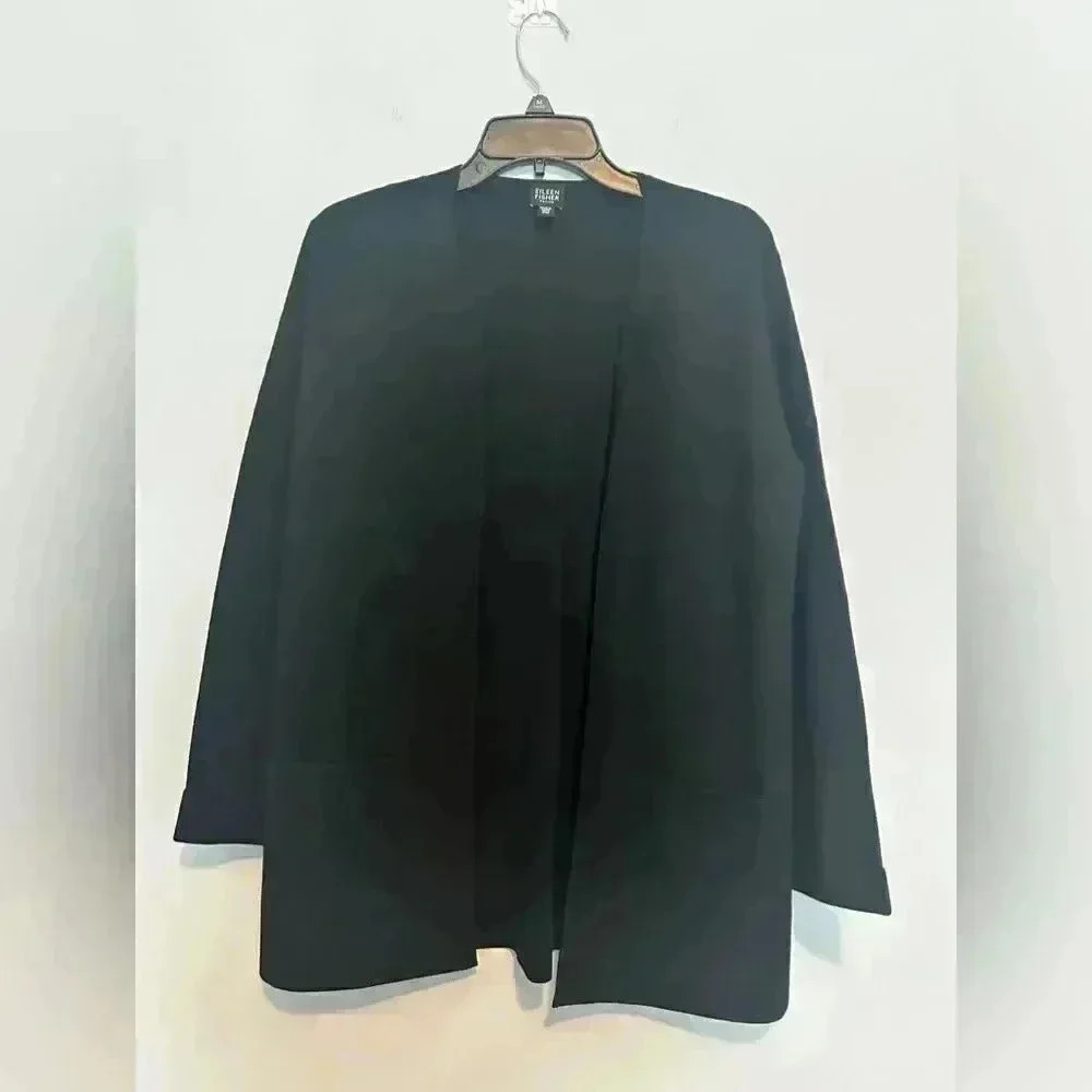 Eileen Fisher Blazer Jacket Womens Size PM Trim Open Front Ponte Silk Blend - Picture 2 of 6
